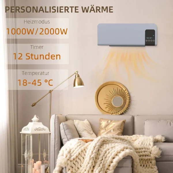 Elektro Heizung, Wandmontage, Schwingfunktion, 2 Modi, Timer, LED Anzeige, Grau