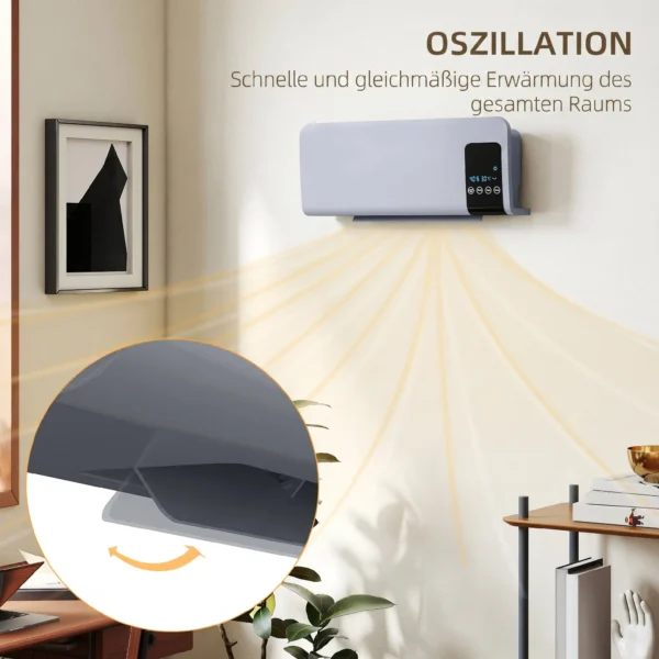 Elektro Heizung, Wandmontage, Schwingfunktion, 2 Modi, Timer, LED Anzeige, Grau