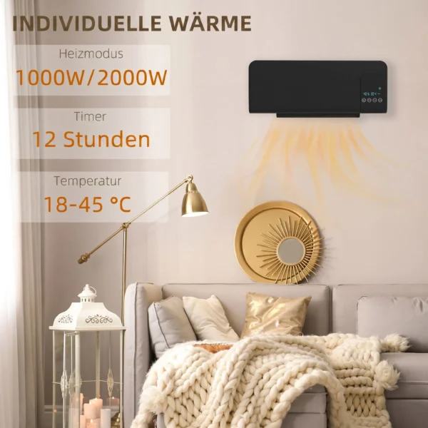 Elektro Heizung, Wandmontage, Schwingfunktion, 2 Modi, Timer, LED Anzeige, Schwarz
