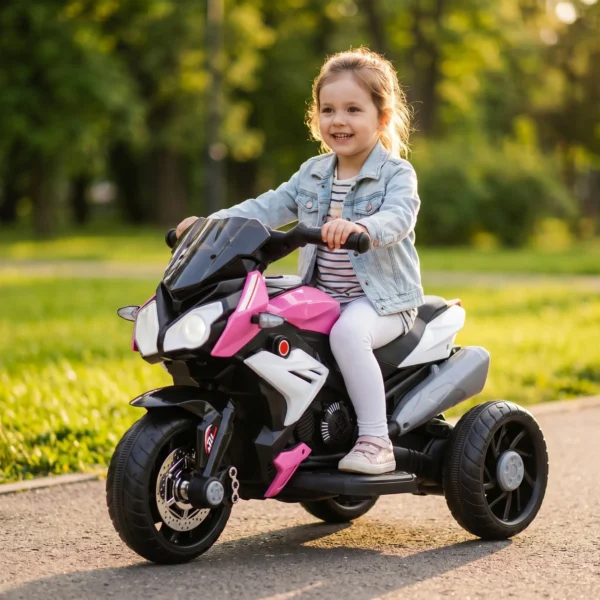 Elektro Kindermotorrad, Lichter & Geräusche, 3 Km/h, Wiederaufladbar, Kunststoff & Metall, Rosa/Weiß
