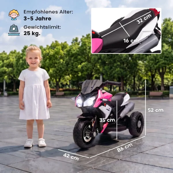 Elektro Kindermotorrad, Lichter & Geräusche, 3 Km/h, Wiederaufladbar, Kunststoff & Metall, Rosa/Weiß