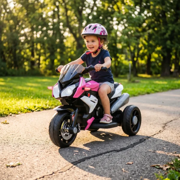 Elektro Kindermotorrad, Lichter & Geräusche, 3 Km/h, Wiederaufladbar, Kunststoff & Metall, Rosa/Weiß