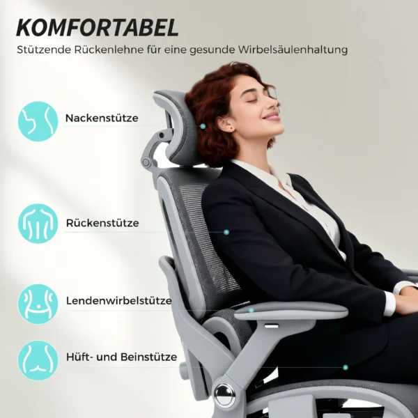 Ergonomische Bureaustoel, Mesh computerstoel Met Aparte Rugleuning, Lendensteun, 4D Inklapbare Armleuningen, Grijs
