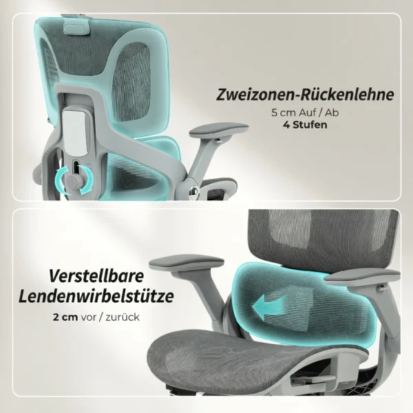 Ergonomische Bureaustoel, Mesh computerstoel Met Aparte Rugleuning, Lendensteun, 4D Inklapbare Armleuningen, Grijs