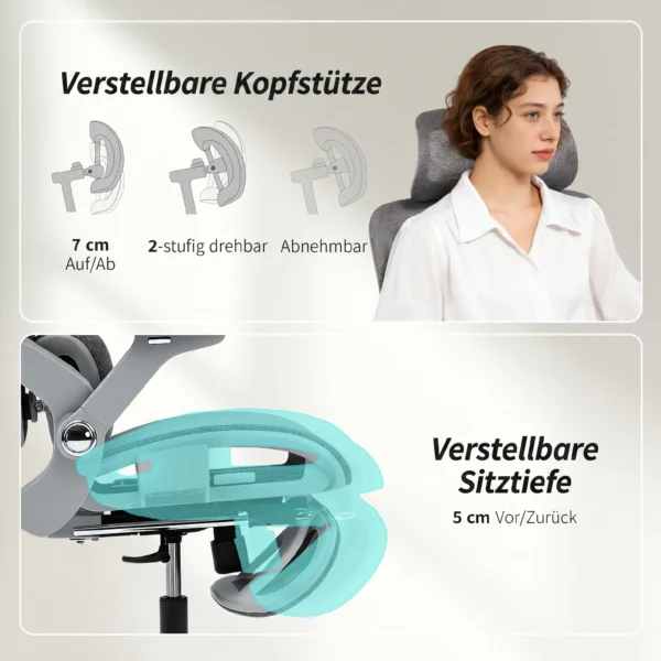 Ergonomische Bureaustoel, Mesh computerstoel Met Aparte Rugleuning, Lendensteun, 4D Inklapbare Armleuningen, Grijs