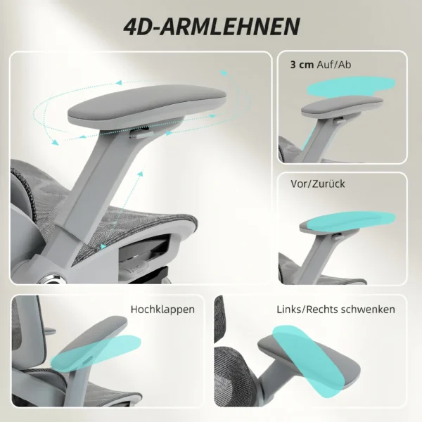 Ergonomische Bureaustoel, Mesh computerstoel Met Aparte Rugleuning, Lendensteun, 4D Inklapbare Armleuningen, Grijs