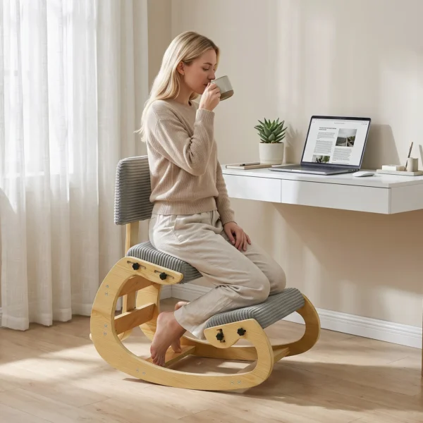 Ergonomische Kniestoel, Kniehocker Met Rugleuning, Corduroy look, Bureaustoel Voor Thuis, Kantoor, Meditatie, Donkergrijs