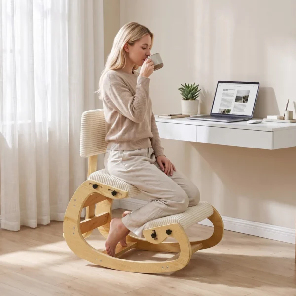 Ergonomische Kniestoel, Kniehocker Met Rugleuning, Koord look, Bureaustoel Voor Thuis, Kantoor, Meditatie, Crèmewit