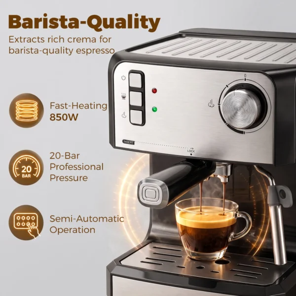 Espressomachine, 20 Bar Koffiemachine Met Melkopschuimer, 1,6 l Waterreservoir, Zwart