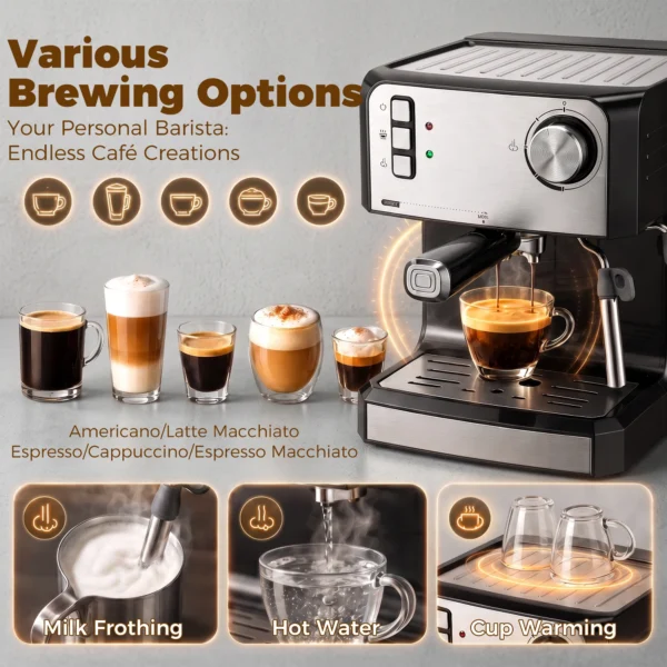 Espressomachine, 20 Bar Koffiemachine Met Melkopschuimer, 1,6 l Waterreservoir, Zwart