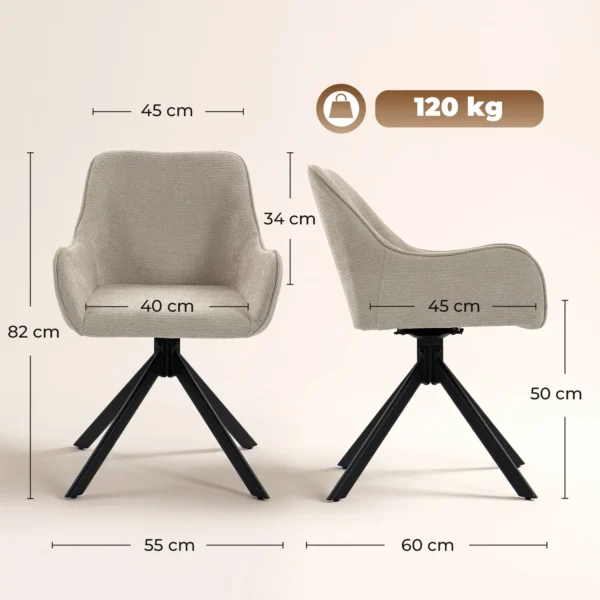 Esszimmerstühle 2er Set, Drehbarer Küchenstuhl Mit Armlehnen, Metallrahmen Für Wohnzimmer, Esszimmer, Beige