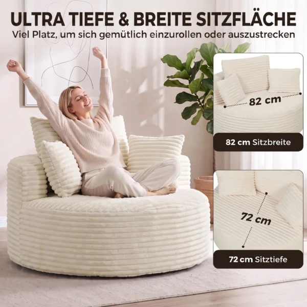 Fauteuil Met Diepe Zitting, Enkelzitsbank Zonder Vaste Frame, Volledig Schuimontwerp, 4 Kussens, Crèmewit