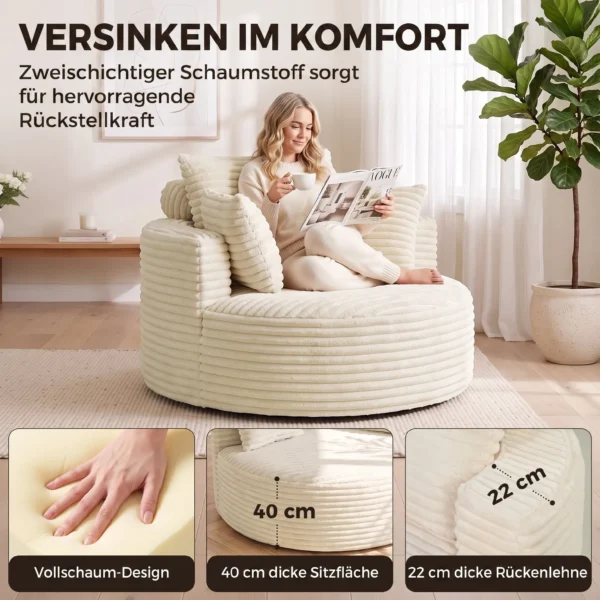 Fauteuil Met Diepe Zitting, Enkelzitsbank Zonder Vaste Frame, Volledig Schuimontwerp, 4 Kussens, Crèmewit