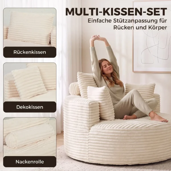 Fauteuil Met Diepe Zitting, Enkelzitsbank Zonder Vaste Frame, Volledig Schuimontwerp, 4 Kussens, Crèmewit