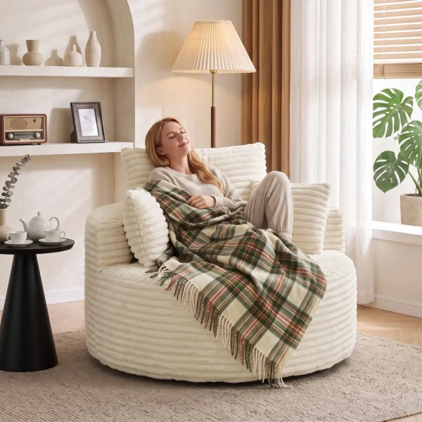 Fauteuil Met Diepe Zitting, Enkelzitsbank Zonder Vaste Frame, Volledig Schuimontwerp, 4 Kussens, Crèmewit