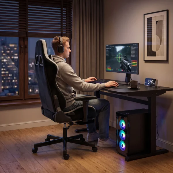 Gaming stoel Met Massage En Verwarmd Lendekussen, Ergonomisch, Linnenlook, 4D armleuningen, Hoofdsteun, Zwart