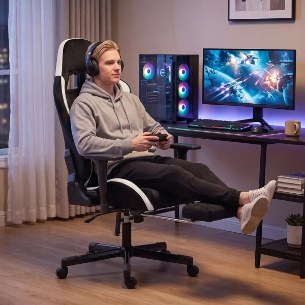 Gaming stoel Met Massage En Verwarmd Lendekussen, Ergonomisch, Linnenlook, 4D armleuningen, Hoofdsteun, Zwart