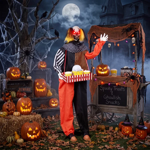 Geanimeerde Halloween Popcorn Clown Met Opschietend Hoofd, Griezelig Geluid, Kermismuziek En Lichtgevende Ogen