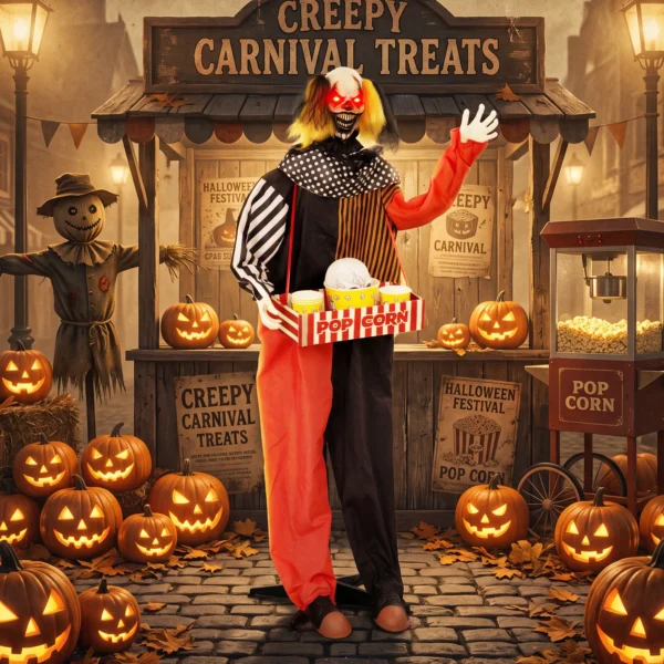 Geanimeerde Halloween Popcorn Clown Met Opschietend Hoofd, Griezelig Geluid, Kermismuziek En Lichtgevende Ogen
