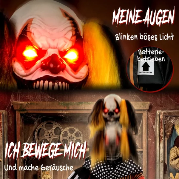 Geanimeerde Halloween Popcorn Clown Met Opschietend Hoofd, Griezelig Geluid, Kermismuziek En Lichtgevende Ogen