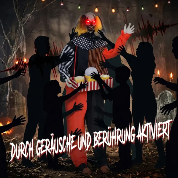 Geanimeerde Halloween Popcorn Clown Met Opschietend Hoofd, Griezelig Geluid, Kermismuziek En Lichtgevende Ogen