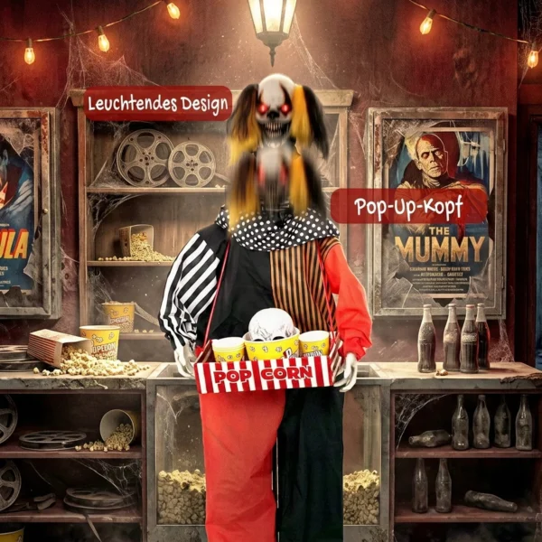 Geanimeerde Halloween Popcorn Clown Met Opschietend Hoofd, Griezelig Geluid, Kermismuziek En Lichtgevende Ogen