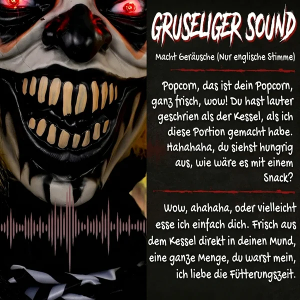 Geanimeerde Halloween Popcorn Clown Met Opschietend Hoofd, Griezelig Geluid, Kermismuziek En Lichtgevende Ogen