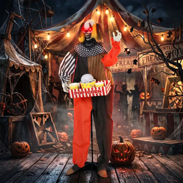 Geanimeerde Halloween Popcorn Clown Met Opschietend Hoofd, Griezelig Geluid, Kermismuziek En Lichtgevende Ogen