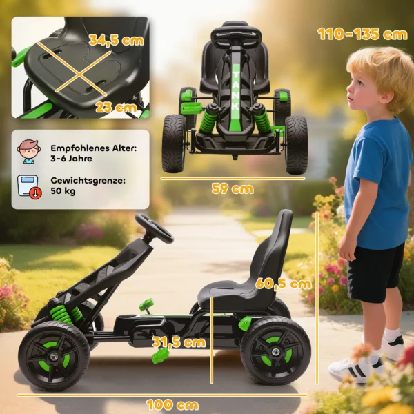 Gokart Met Pedalen, Trapauto Voor Kinderen Met Rem, Antislip Wielen, Metalen Frame, 3 6 Jaar, Groen