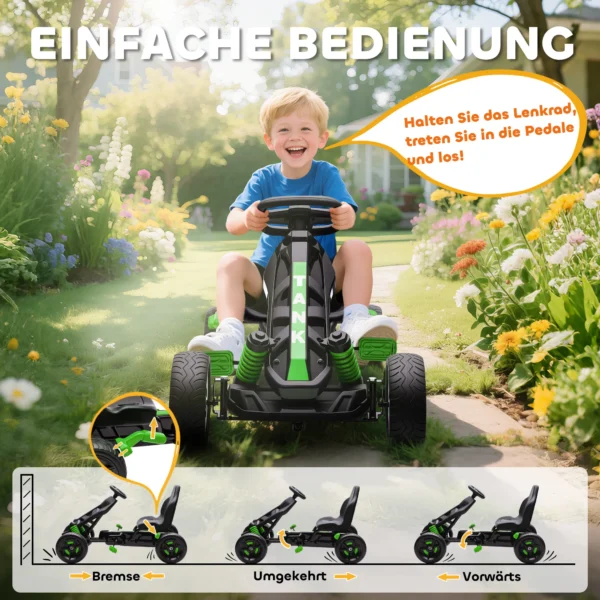 Gokart Met Pedalen, Trapauto Voor Kinderen Met Rem, Antislip Wielen, Metalen Frame, 3 6 Jaar, Groen