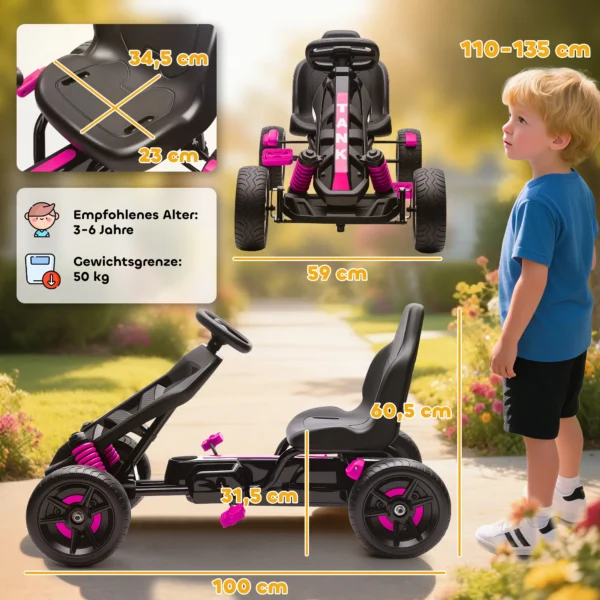 Gokart Met Pedalen, Trapauto Voor Kinderen Met Rem, Antislip Wielen, Metalen Frame, 3 6 Jaar, Roze
