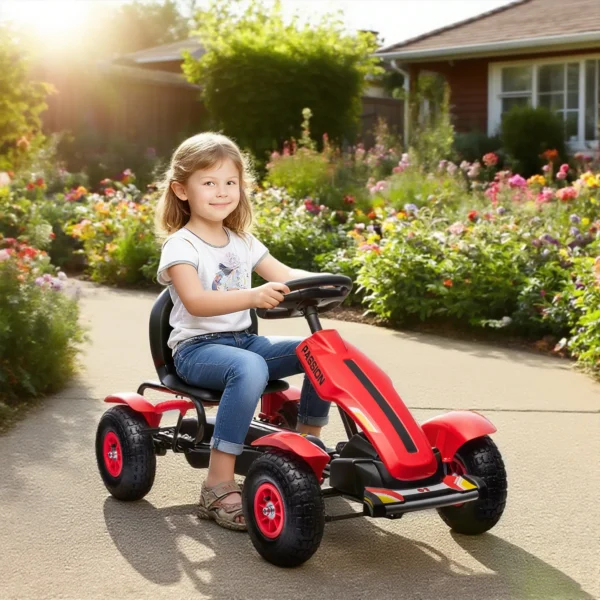 Gokart Trapauto Met Handrem, Verstelbare Stoel, Voor En Achteruitversnelling, Tot 50kg Voor Kinderen Van 5 12 Jaar Rood