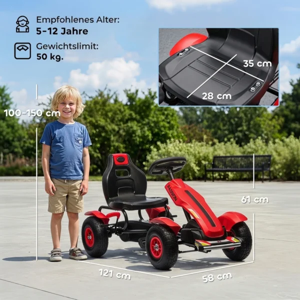 Gokart Trapauto Met Handrem, Verstelbare Stoel, Voor En Achteruitversnelling, Tot 50kg Voor Kinderen Van 5 12 Jaar Rood