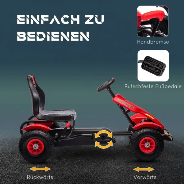 Gokart Trapauto Met Handrem, Verstelbare Stoel, Voor En Achteruitversnelling, Tot 50kg Voor Kinderen Van 5 12 Jaar Rood