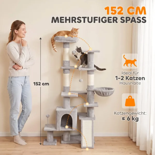 Grote Krabpaal, 152 Cm Hoog, Met Krabstammen, Grotten Met 2 Ingangen, 3 Ballen, Hangmat, 6 Kg, Lichtgrijs