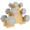 Halterset 3 Paar 1kg 3kg 5kg Dumbbells Met Houten Standaard, Antislip Handvat, Gietijzeren Hexagon Lichtgrijs