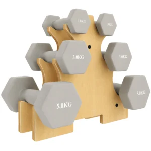 Halterset 3 Paar 1kg 3kg 5kg Dumbbells Met Houten Standaard, Antislip Handvat, Gietijzeren Hexagon Lichtgrijs