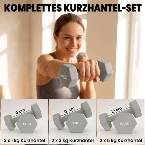 Halterset 3 Paar 1kg 3kg 5kg Dumbbells Met Houten Standaard, Antislip Handvat, Gietijzeren Hexagon Lichtgrijs