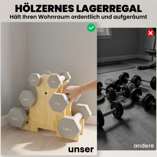 Halterset 3 Paar 1kg 3kg 5kg Dumbbells Met Houten Standaard, Antislip Handvat, Gietijzeren Hexagon Lichtgrijs