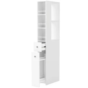 Hoge Smalle Badkamerkast 135 Cm Met 2 Lades, 2 Zijplanken, 3 Vakken, 18x40x135 Cm, Wit
