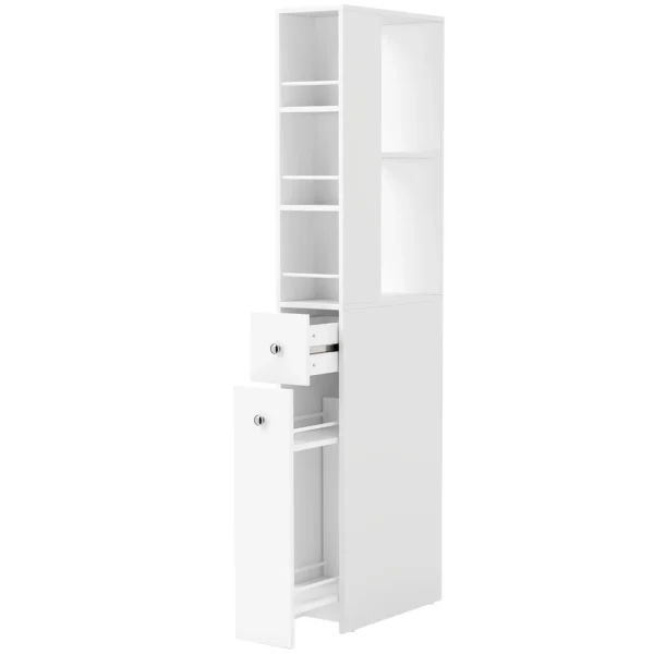 Hoge Smalle Badkamerkast 135 Cm Met 2 Lades, 2 Zijplanken, 3 Vakken, 18x40x135 Cm, Wit