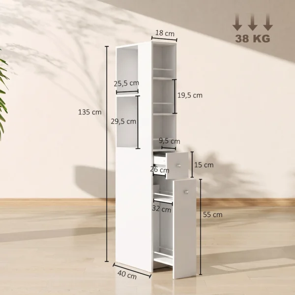 Hoge Smalle Badkamerkast 135 Cm Met 2 Lades, 2 Zijplanken, 3 Vakken, 18x40x135 Cm, Wit