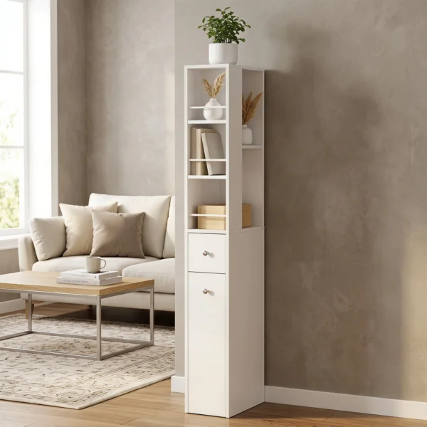 Hoge Smalle Badkamerkast 135 Cm Met 2 Lades, 2 Zijplanken, 3 Vakken, 18x40x135 Cm, Wit