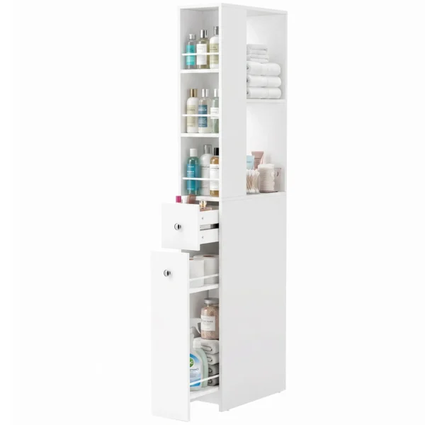 Hoge Smalle Badkamerkast 135 Cm Met 2 Lades, 2 Zijplanken, 3 Vakken, 18x40x135 Cm, Wit