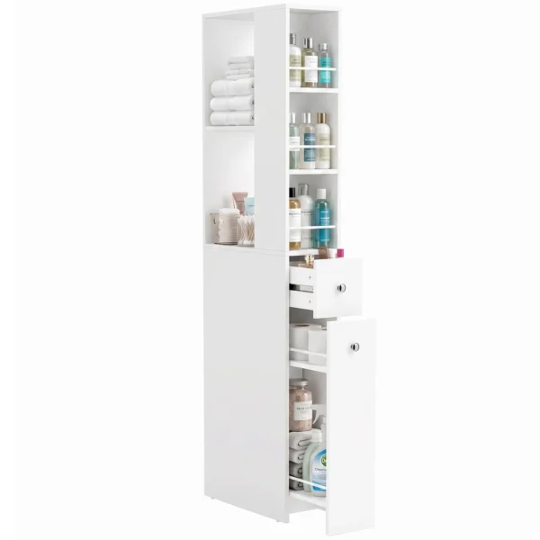 Hoge Smalle Badkamerkast 135 Cm Met 2 Lades, 2 Zijplanken, 3 Vakken, 18x40x135 Cm, Wit