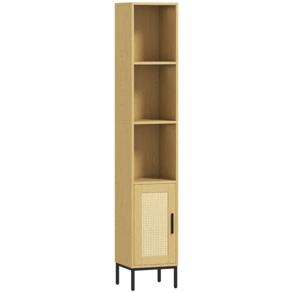 Hoher Badezimmerschrank, Schmaler Badschrank Mit Offenen Ablagen Und Verstellbarem Einlegeboden, Naturholzoptik