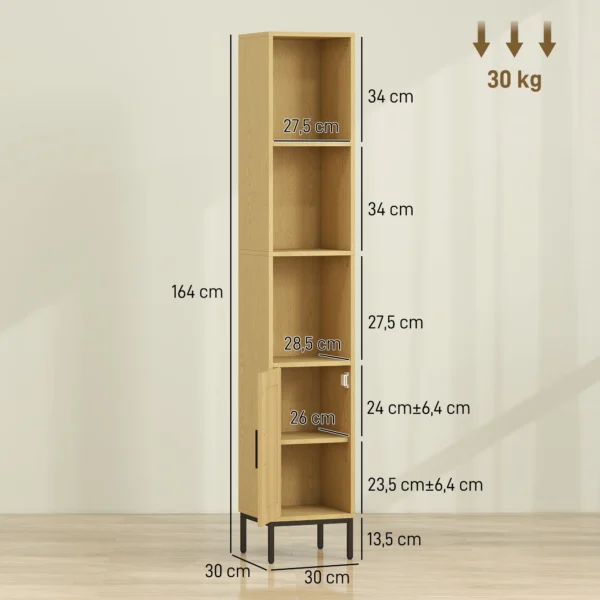 Hoher Badezimmerschrank, Schmaler Badschrank Mit Offenen Ablagen Und Verstellbarem Einlegeboden, Naturholzoptik