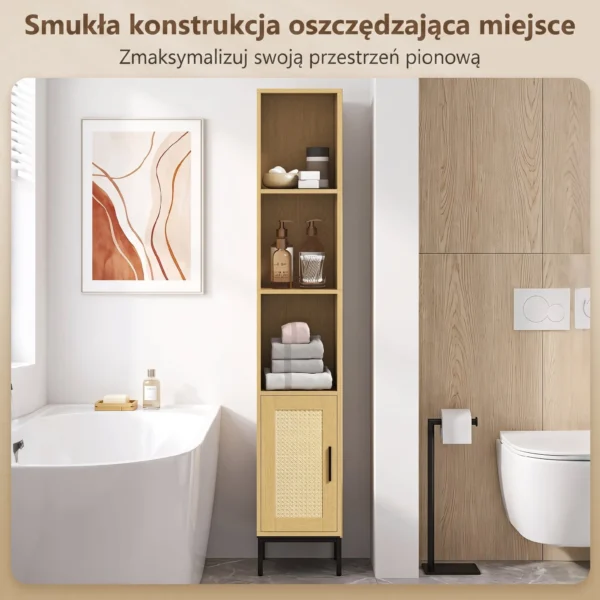 Hoher Badezimmerschrank, Schmaler Badschrank Mit Offenen Ablagen Und Verstellbarem Einlegeboden, Naturholzoptik