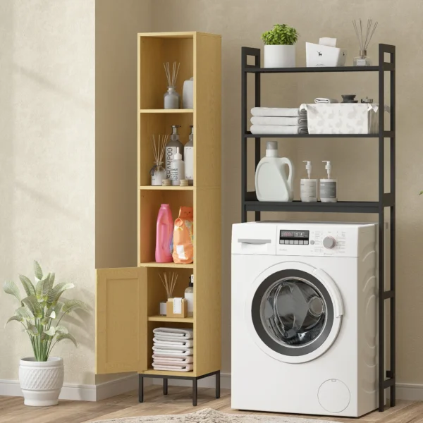 Hoher Badezimmerschrank, Schmaler Badschrank Mit Offenen Ablagen Und Verstellbarem Einlegeboden, Naturholzoptik