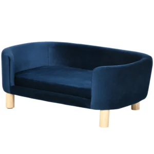 Hundesofa Hundebett Aus Holländischem Samt Hundecouch Mit Rückenlehne, Holzbeine, Kissen Blau